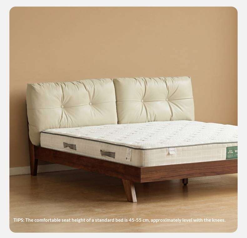 Black Walnut Solid Wood Bed with Top Genuine Leather Upholstery and Nordic High Headboard