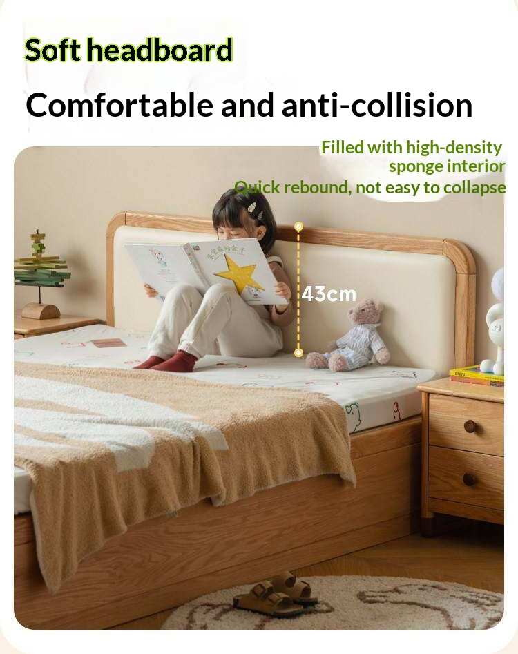 Oak, Rubberwood Solid Wood Upholstered Kids Storage Bed with Gas Lift and Rounded Headboard