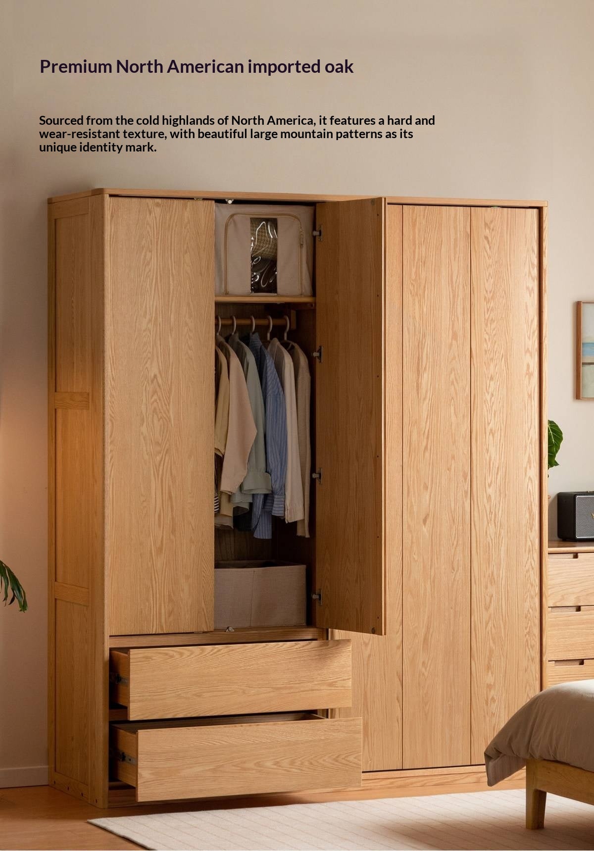Oak Solid Wood Modern Storage Wardrobe with Casual Style