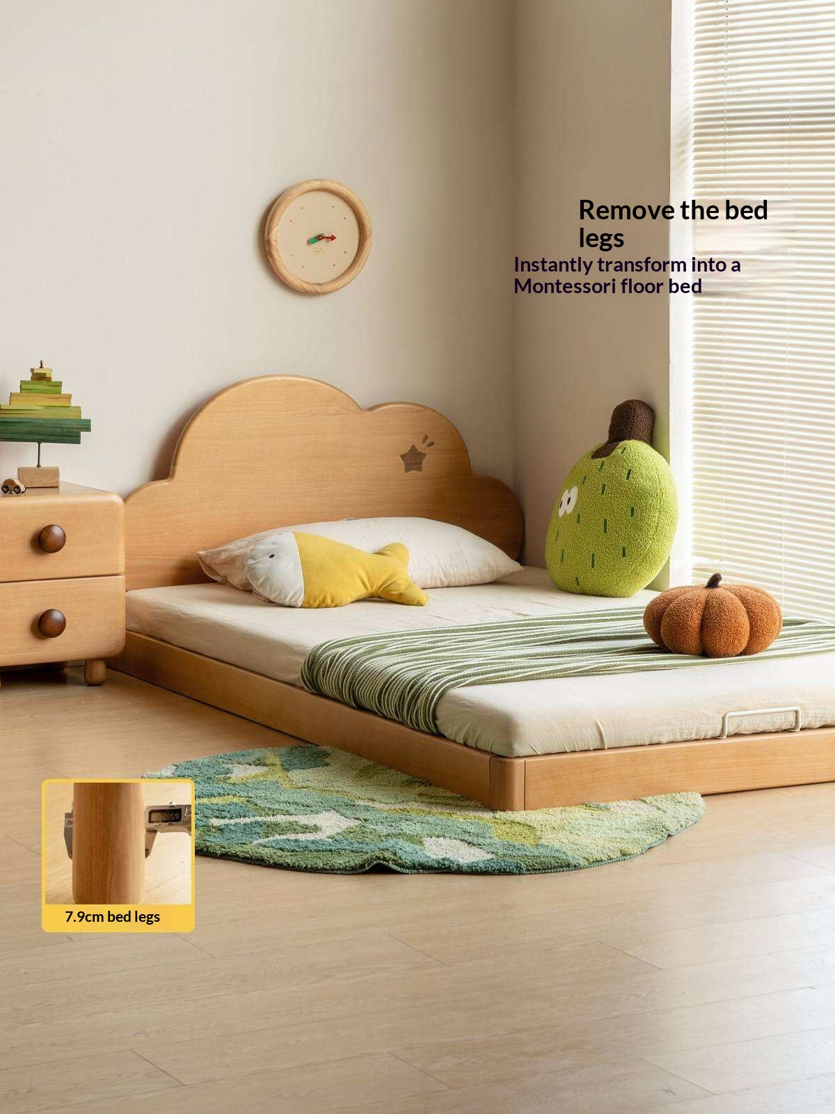 Beech Solid Wood Kids Montessori Platform Bed with Cloud Headboard