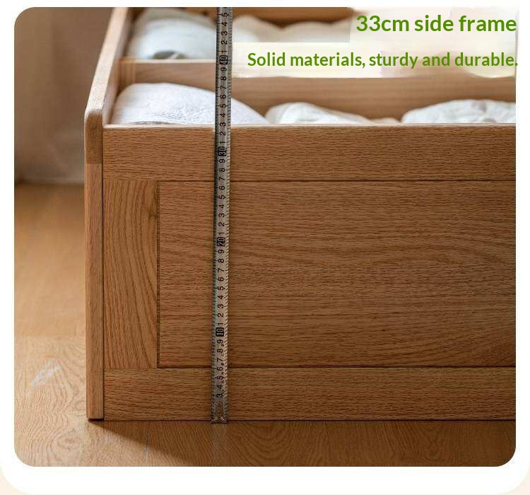 Oak, Rubberwood Solid Wood Upholstered Kids Storage Bed with Gas Lift and Rounded Headboard