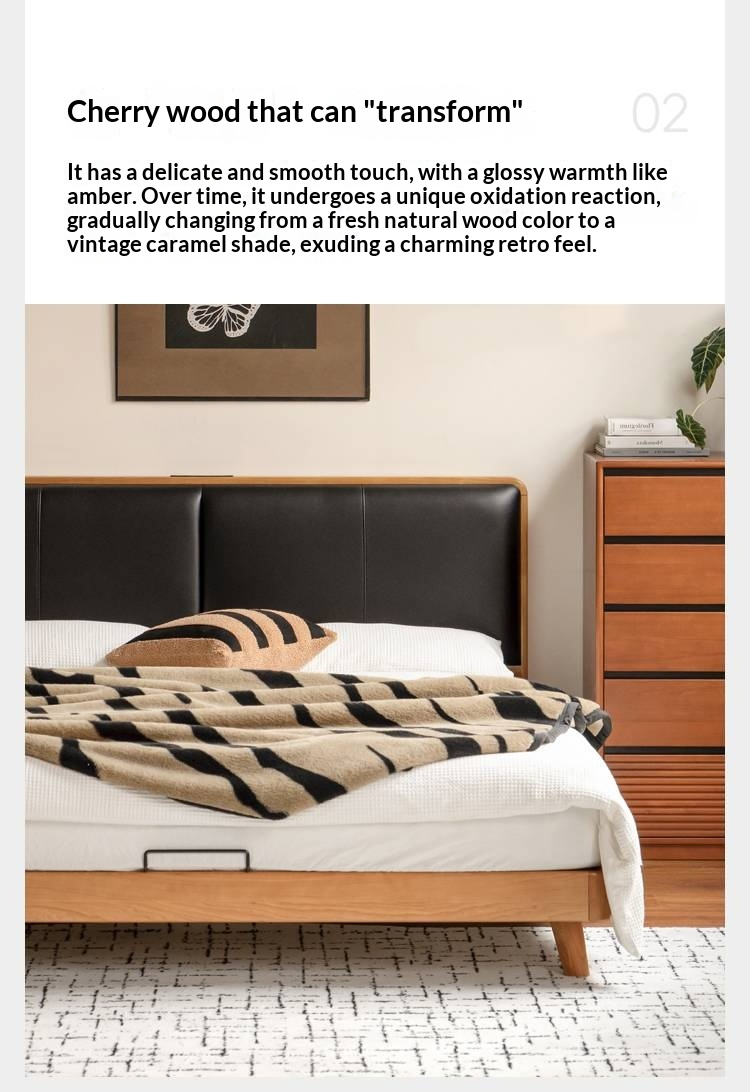 Cherry Solid Wood Bed with Top Layer Cowhide Soft Headboard Retro Style