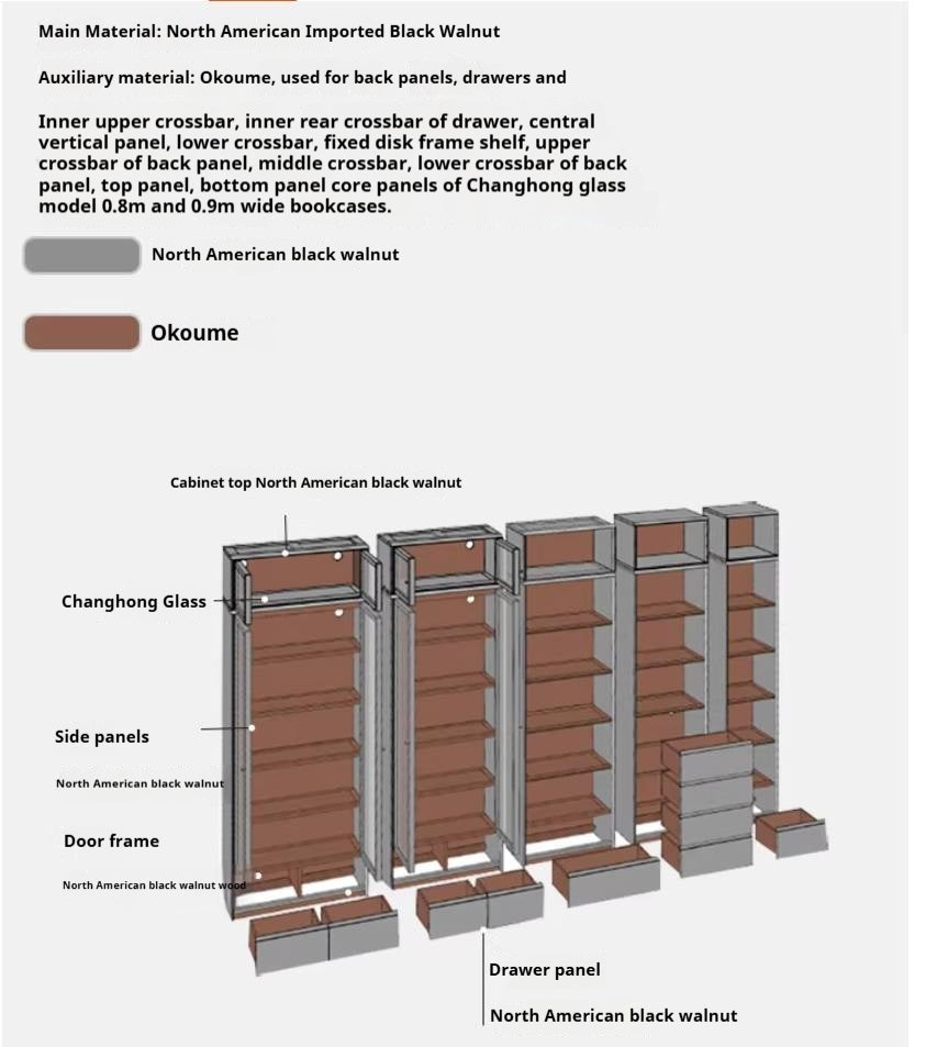Black Walnut Solid Wood Bookcase Display Glass Door Storage Cabinet