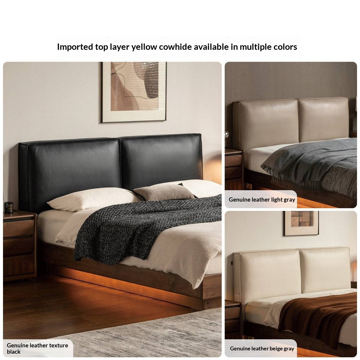 Black Walnut Solid Wood Box Bed — Italian Light Luxury, Genuine Leather Upholstered Headboard