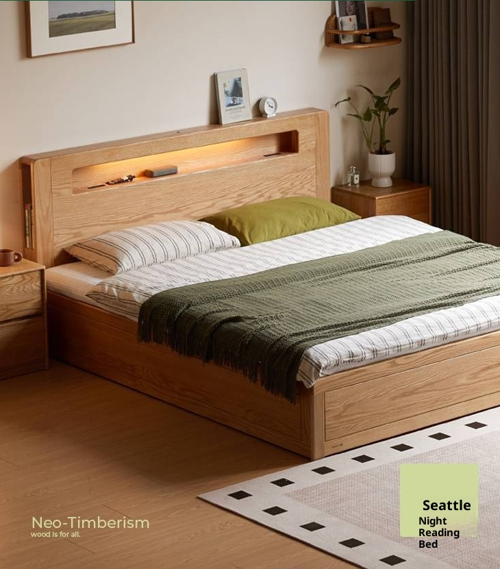 Oak Solid Wood Modern Minimalist Multifunctional with Light Box Bed
