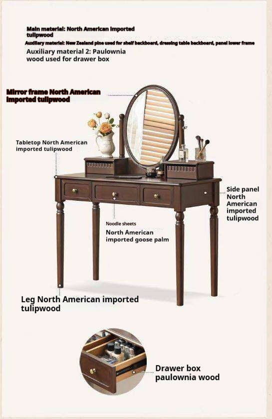 Tulipwood Solid Wood American Retro Style Vanity Table with Makeup Mirror