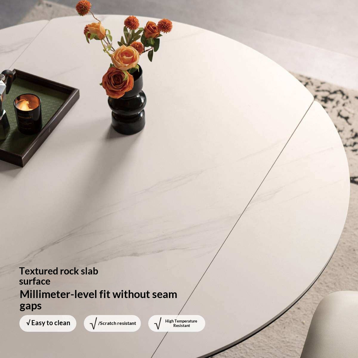 Rubberwood Solid Round Extendable Pedestal Dining Table with Stone Top and Storage Base