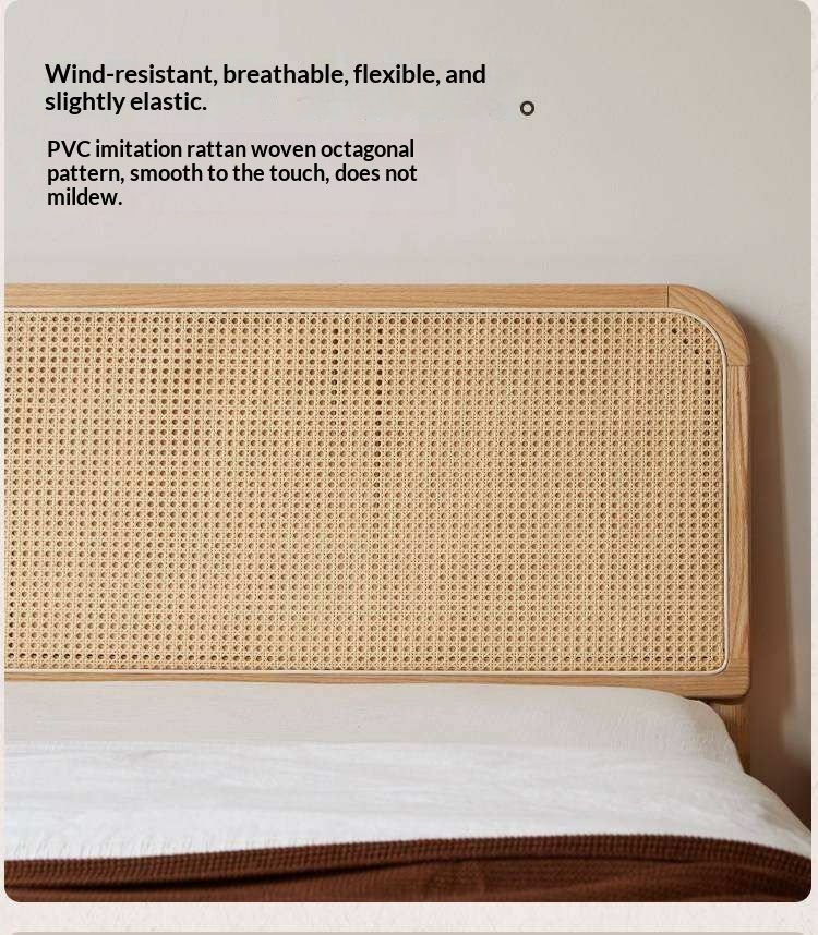 Oak Solid Wood Platform Bed with Curved Rattan Headboard