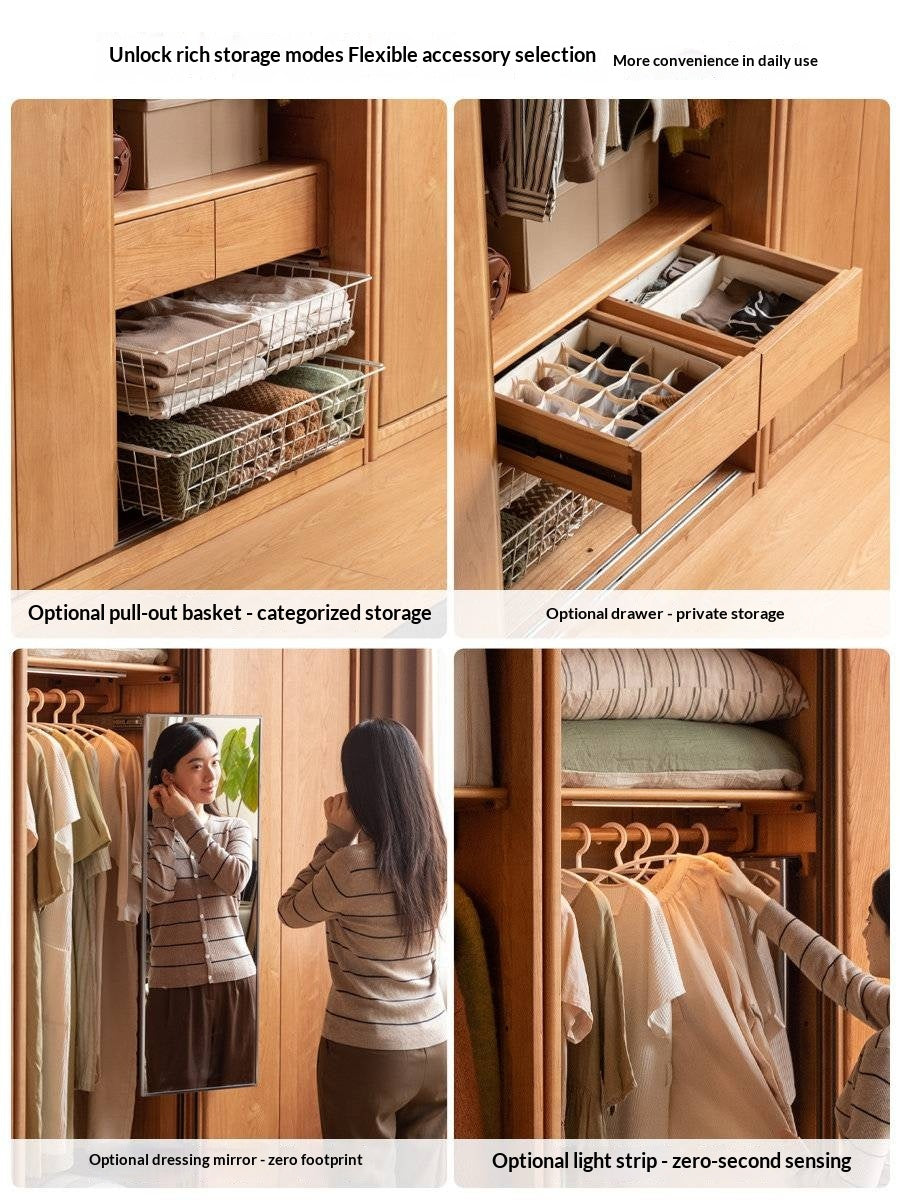 Cherry Wood Sliding Door Wardrobe Armoire with Hanging Rod and Shelves