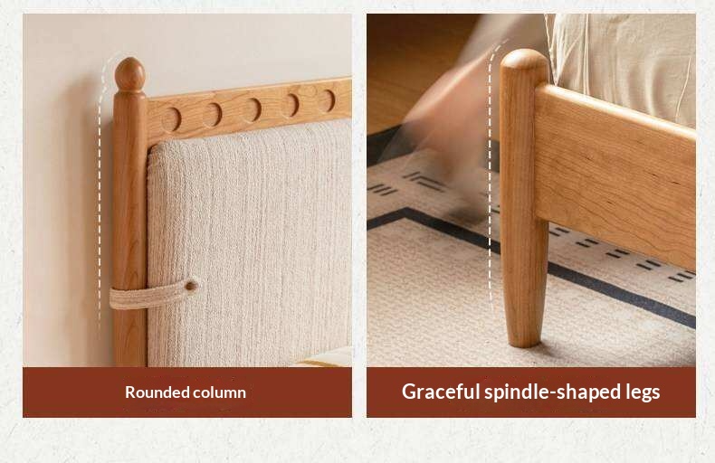 Cherry Solid Wood Double Bed with Vintage Style and Leather Upholstered Headboard