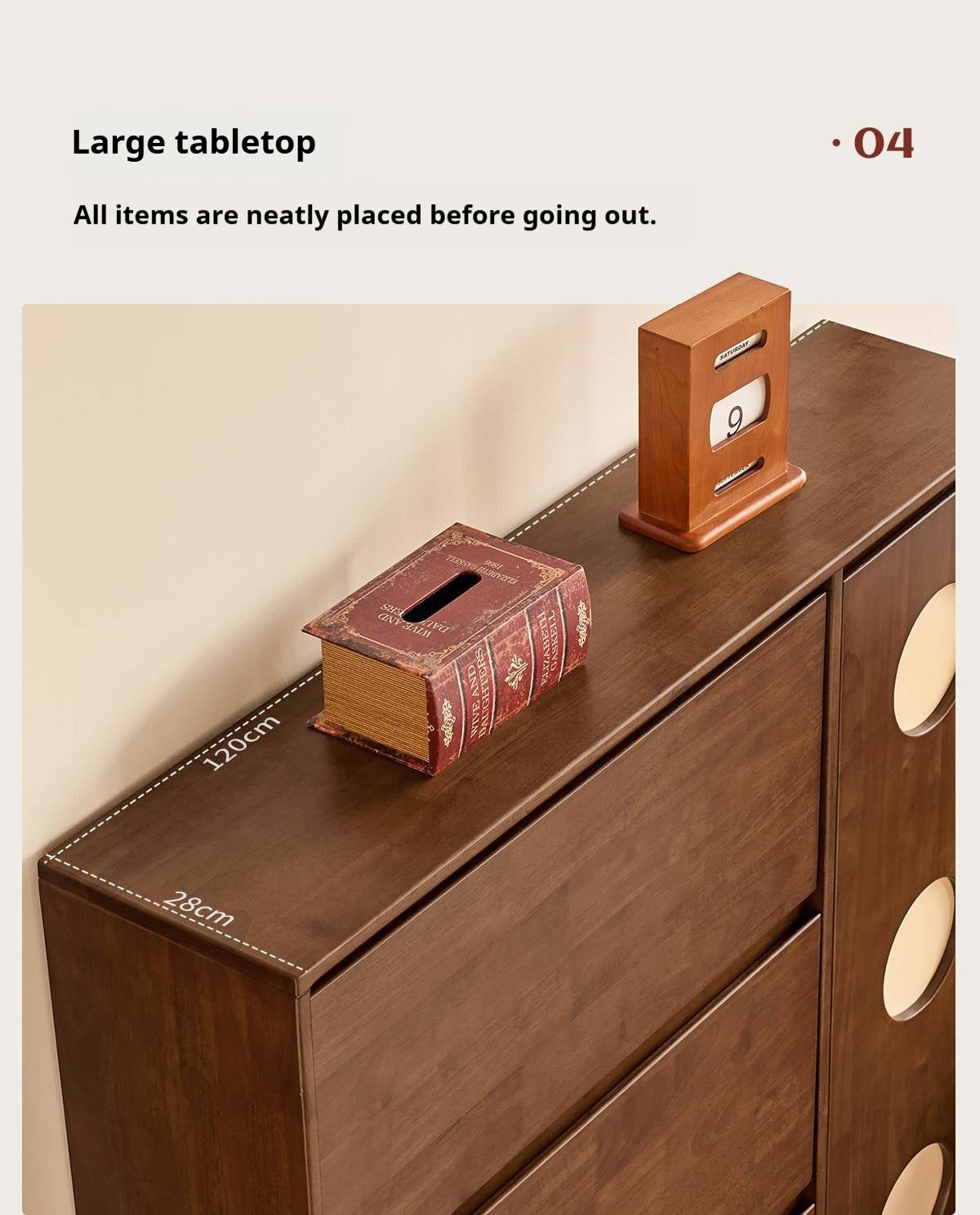 Solid RubberWood Vintage Shoe Cabinet with Flip-Down Drawers and Round Inlay Accents