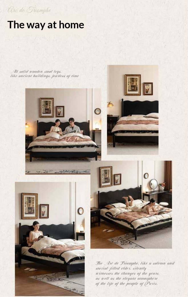 Rubberwood Solid Wood French Style Bed with Black Carved Headboard and Elegant Curved Frame