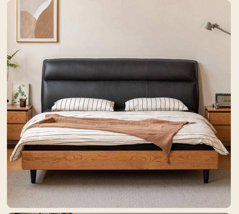 Cherry Solid Wood Genuine Leather Curved Upholstered Headboard Platform Bed