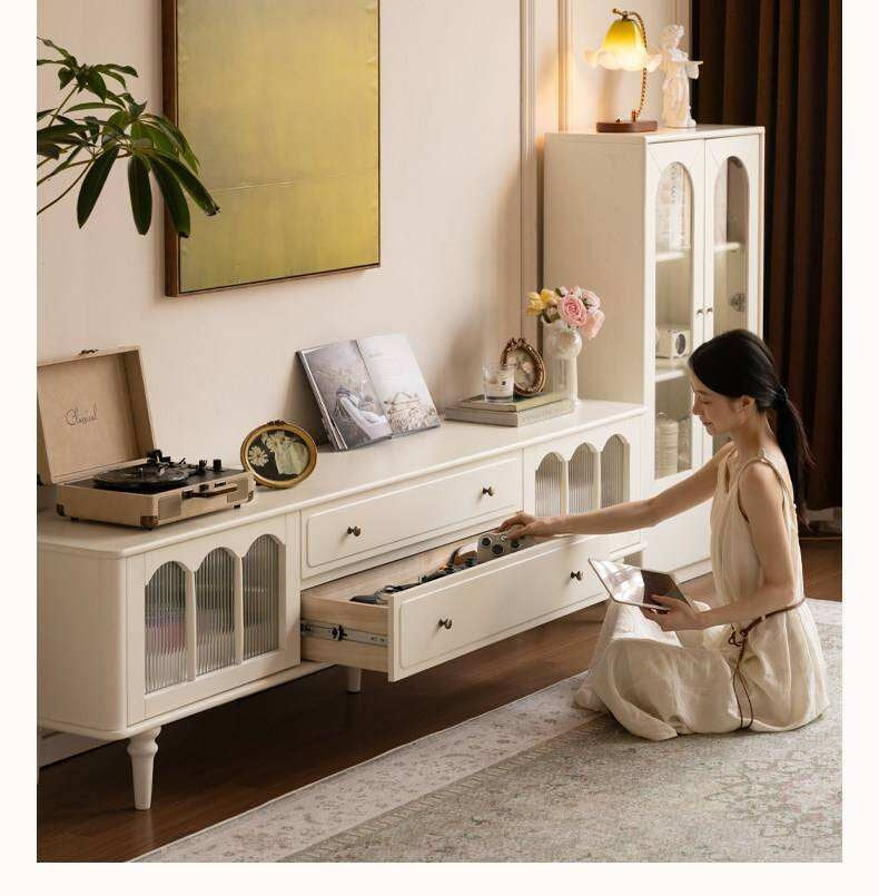 Solid Rubberwood TV Cabinet French Cream Style and Integrated Storage