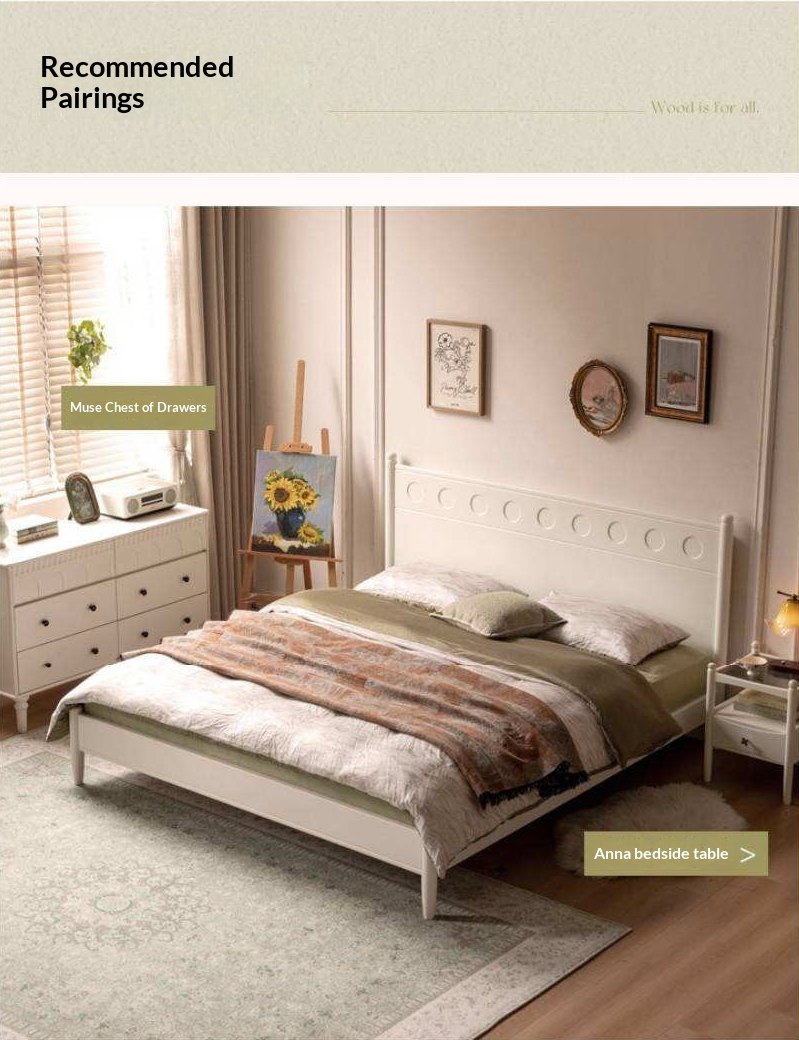 Rubberwood Solid Wood Platform Bed with Carved Dot Headboard and Spindle Legs