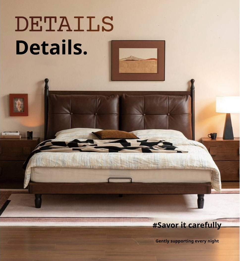 Black Walnut Solid Wood Leather Four Poster Bed with Tufted Headboard