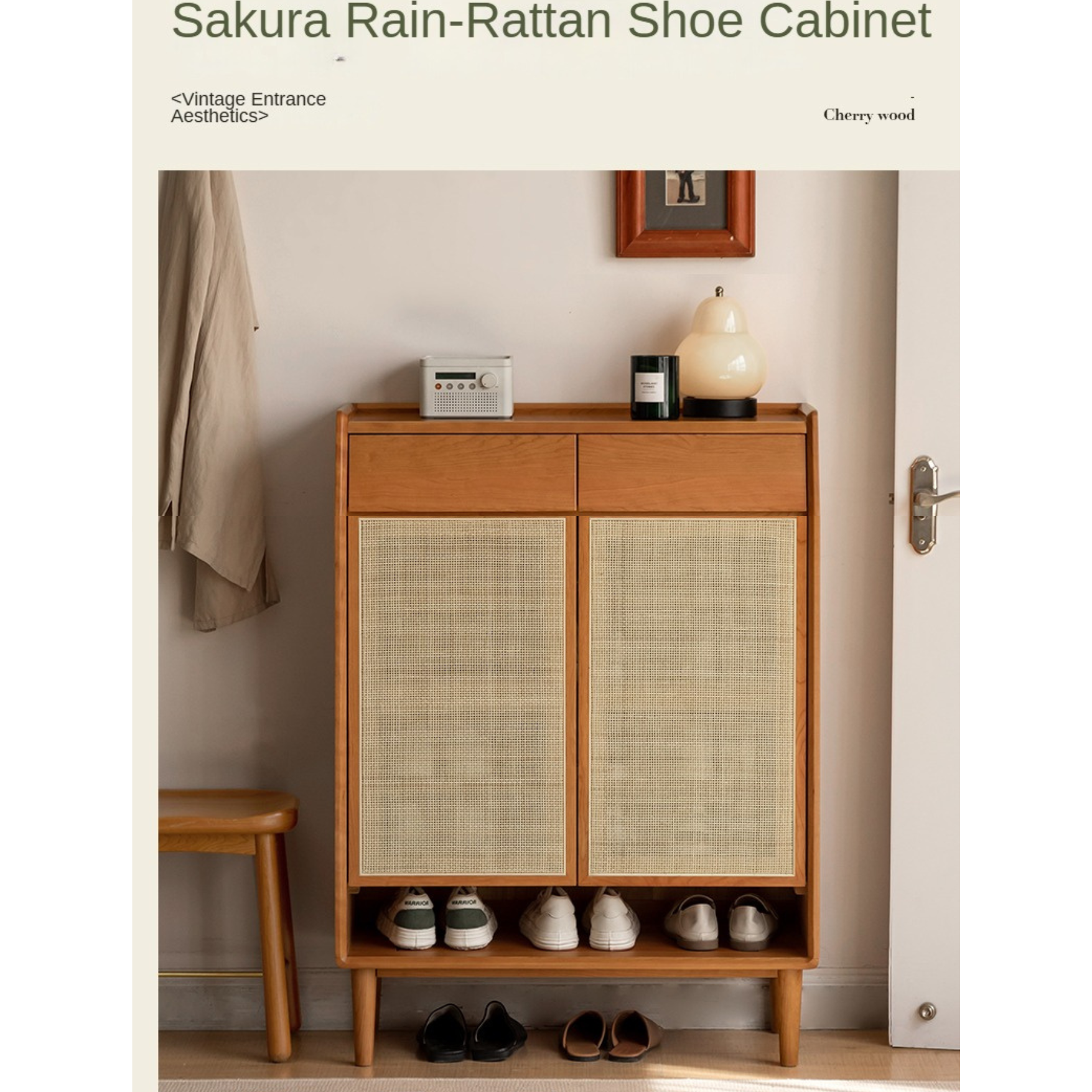 Cherry Solid Wood Rattan Shoe Cabinet