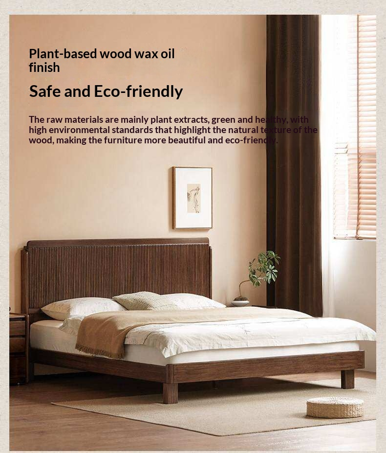 Ebony Solid Wood Bed with Vertical Fluted Panel Headboard and Block Legs