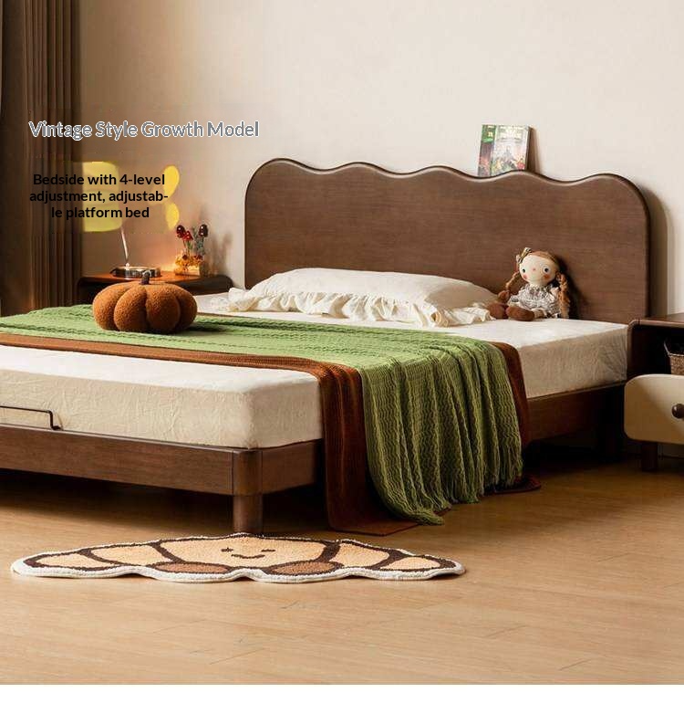 Rubberwood Solid Wood Low Kids Bed with Removable Legs and Adjustable Headboard Height