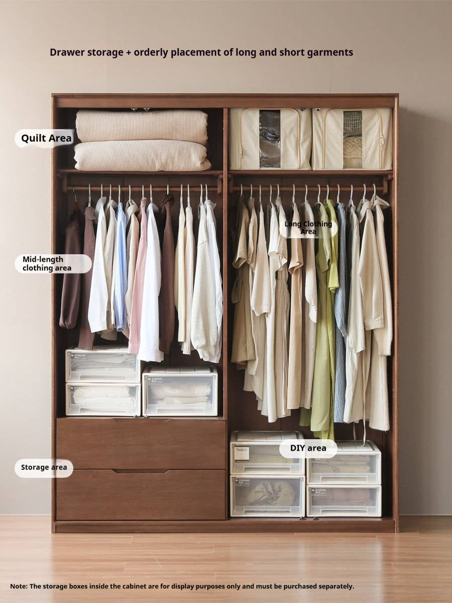 Sandalwood Solid Wood Wardrobe with Recessed Handles and Base Drawers