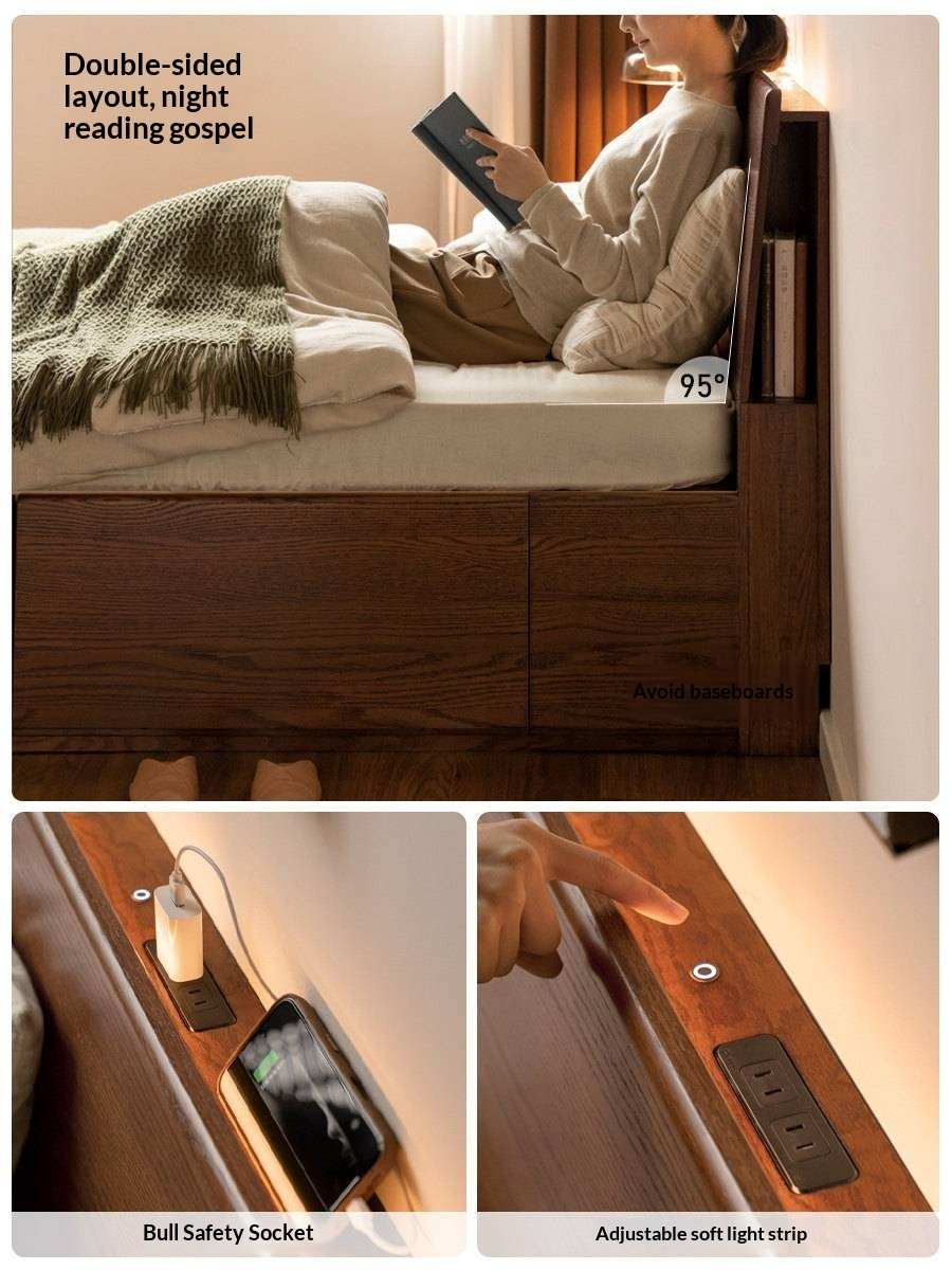Oak, Rubberwood Solid Wood,  Multifunctional Storage Box Bed