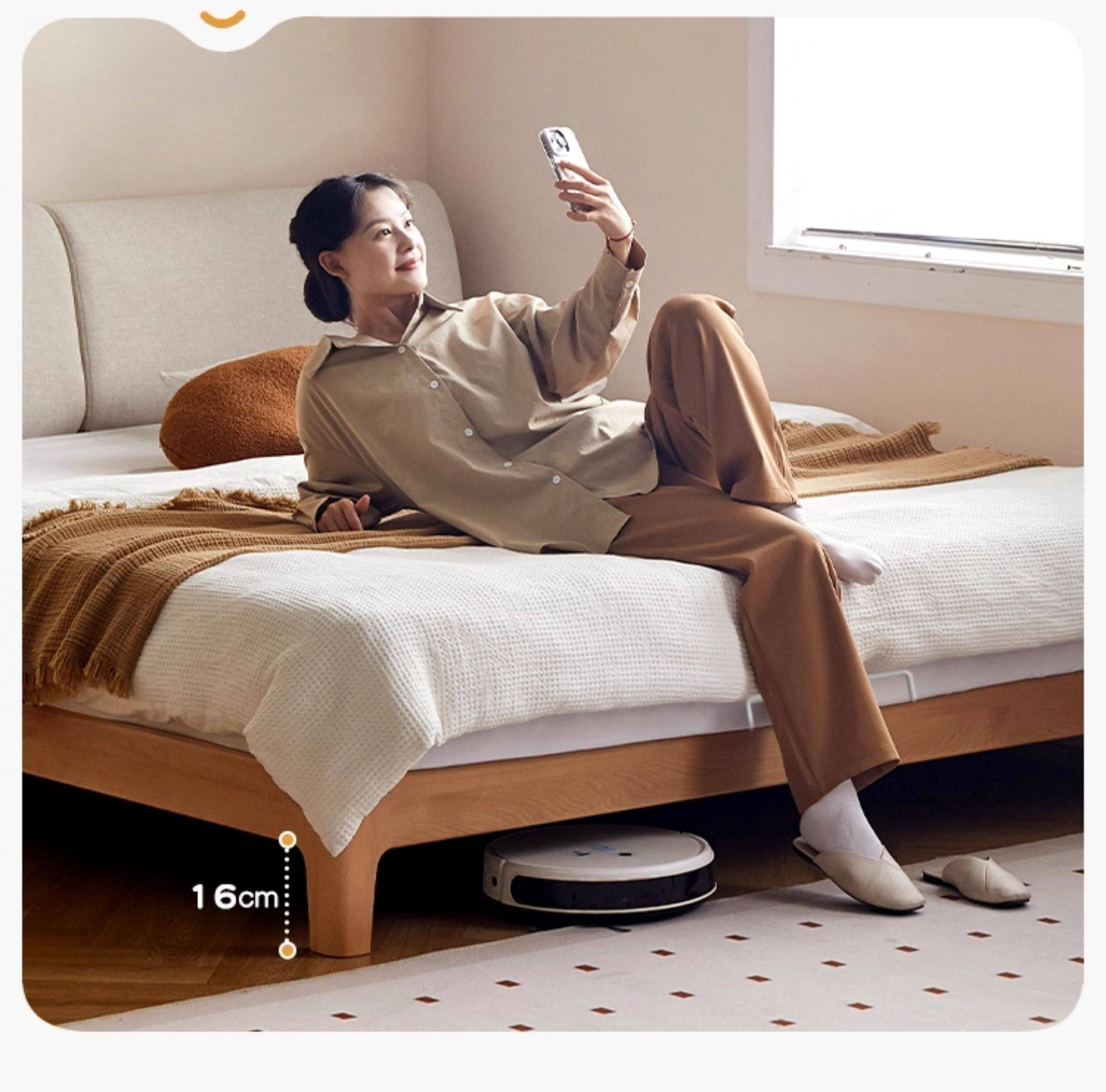 Beech Solid Wood Upholstered King Bed — Soft Headboard with Fabric Upholstery