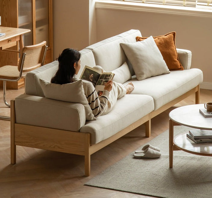 Oak Solid Wood Modern Fabric Sofa Nordic Style)