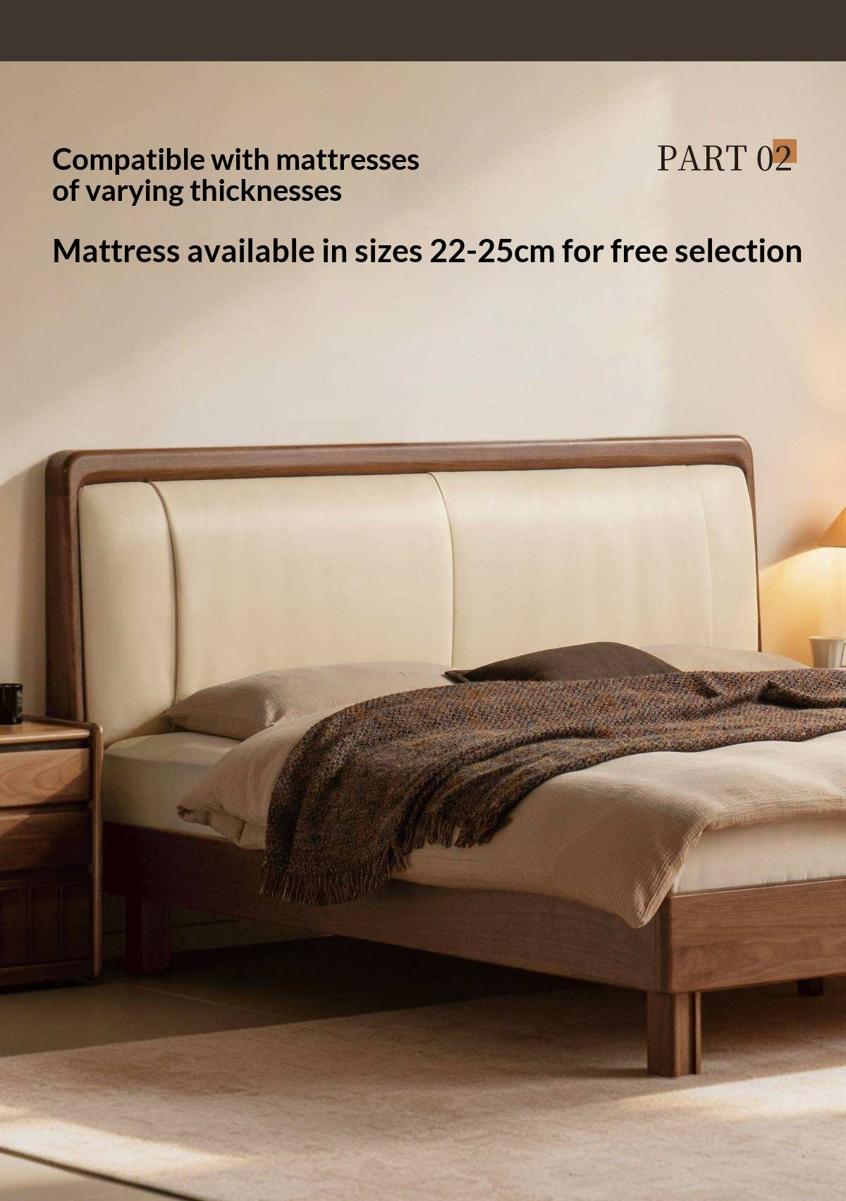 Black Walnut Solid Wood Italian Genuine Leather Bed with Down-Filled Upholstered Headboard