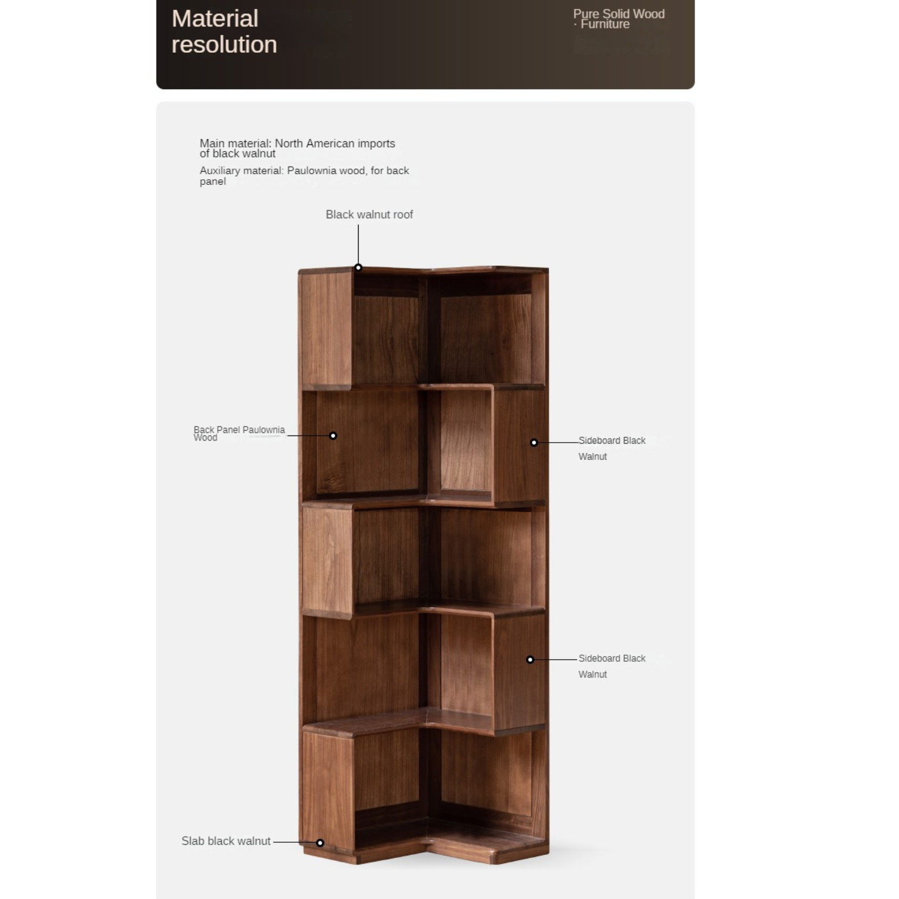 Black walnut solid wood corner storage bookcase<