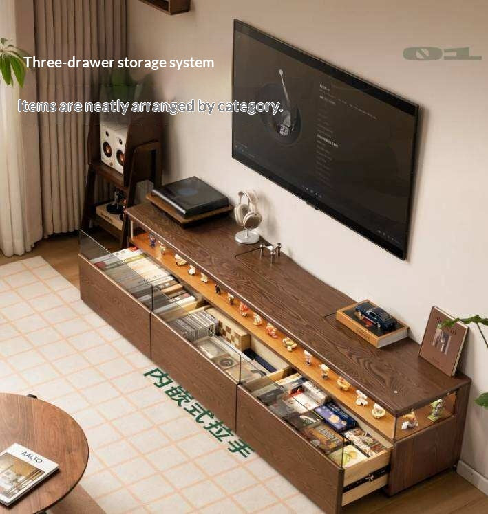 Ash Solid Wood TV Cabinet with Floor-Standing Storage and Display Shelves