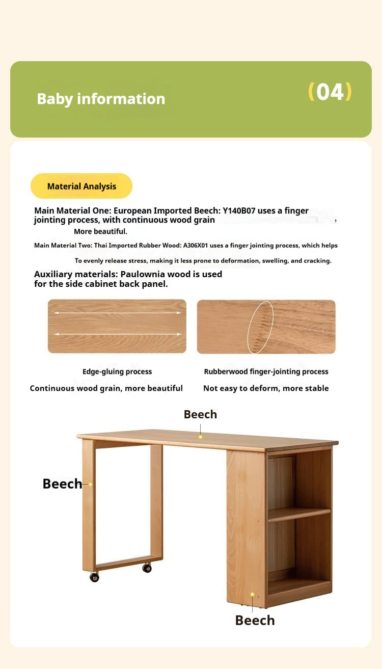 Beech, Solid Rubberwood Kids Desk with Pulleys Movable Storage