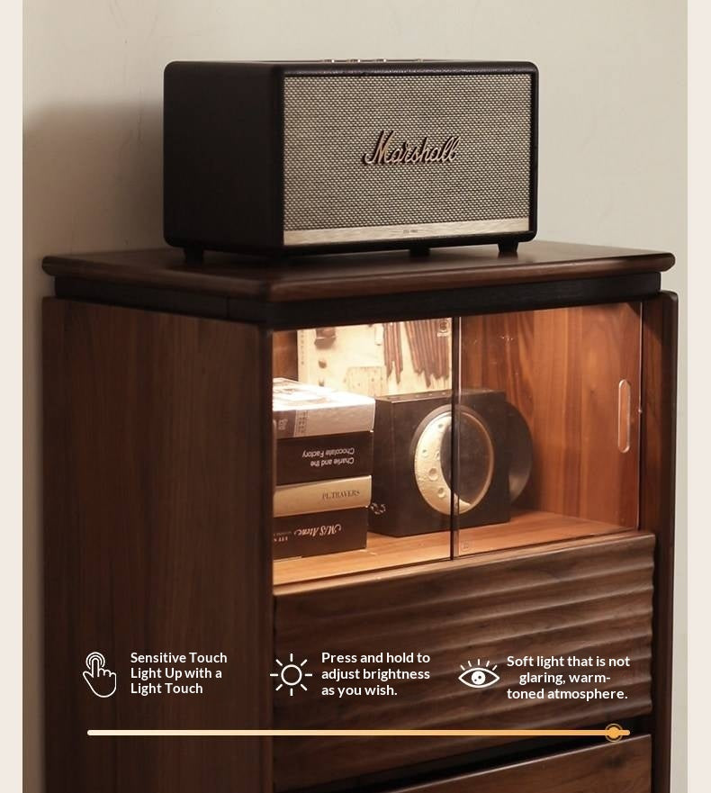 Black Walnut, Ash, Oak Solid Wood Tall Side Cabinet with Louvered Sliding Door and LED Lighting