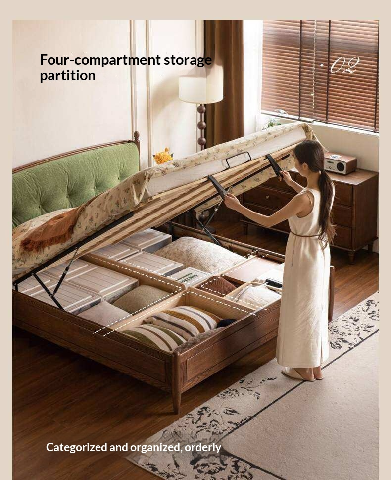 Oak Solid Wood French Country Tufted Storage Bed with Gas Lift and Turned Posts