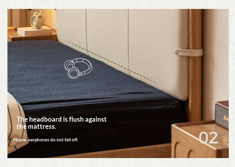 Cherry Solid Wood Double Bed with Vintage Style and Leather Upholstered Headboard