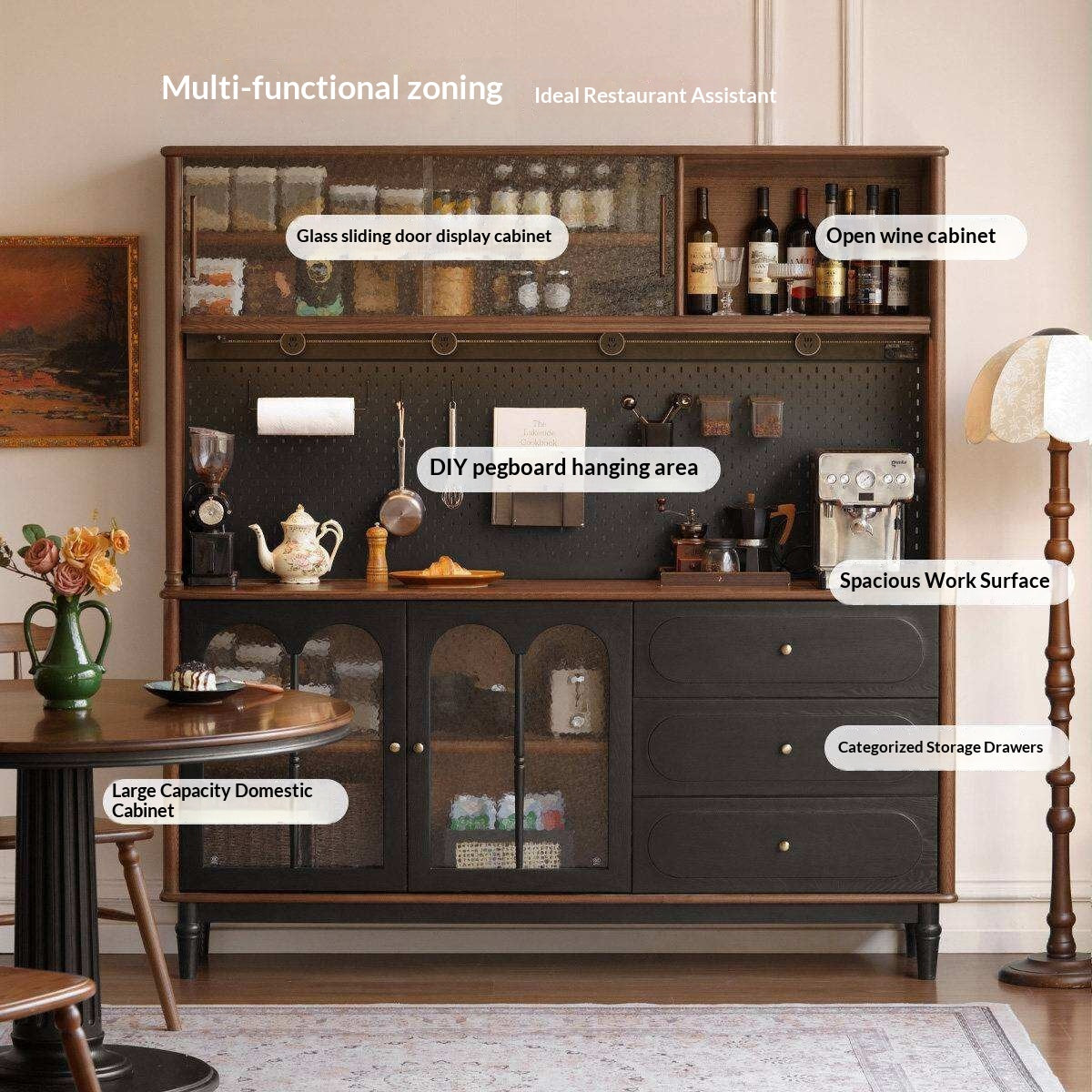 Ash Solid Wood Sideboard with American Retro Style and Storage Cabinet