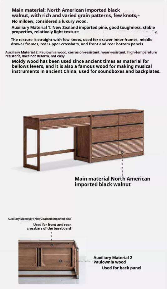 Black Walnut Solid Wood Vanity Desk and Dresser Combo, Italian Style