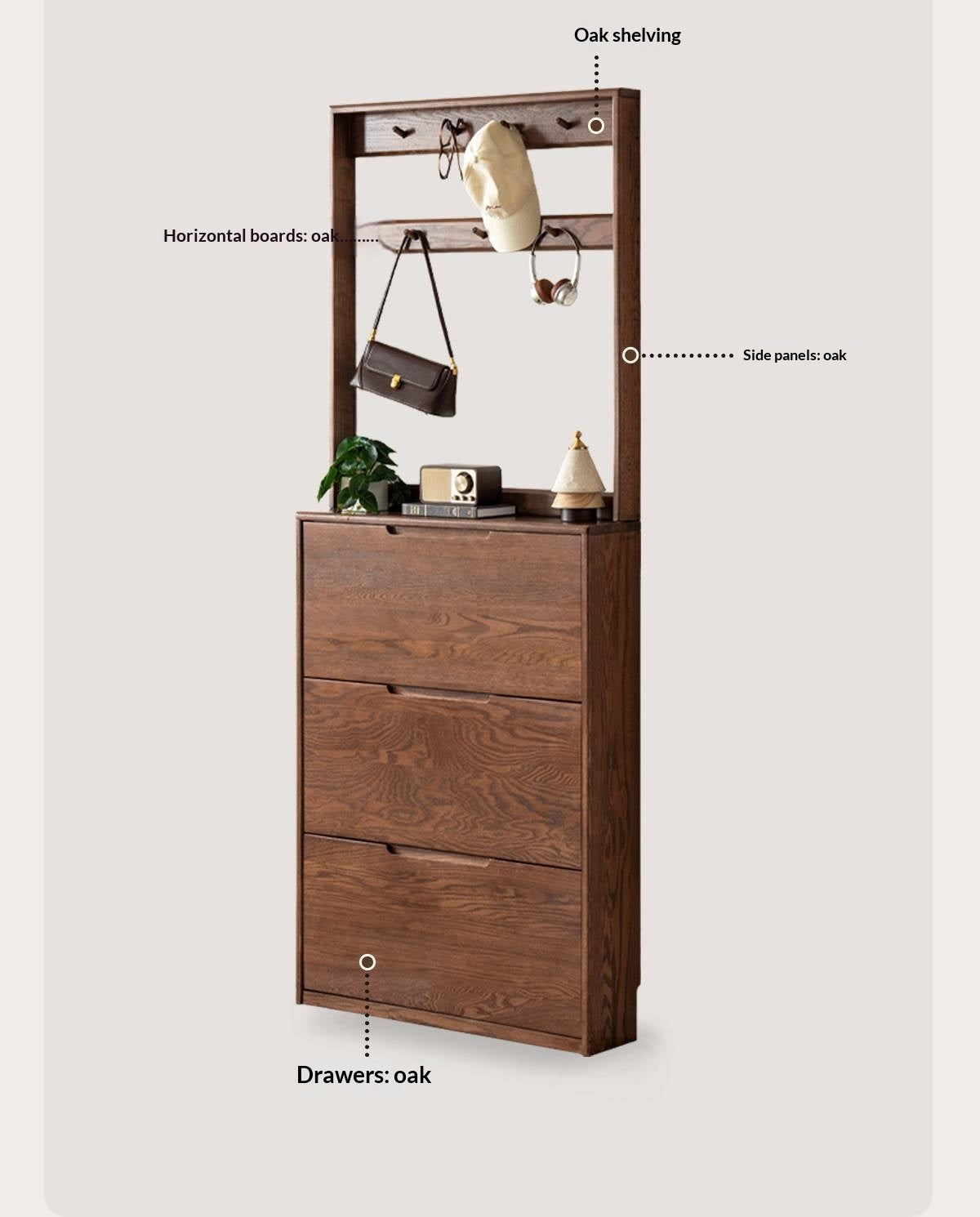 Oak Solid Wood Narrow Hall Tree with Shoe Storage Cabinet and Coat Hooks