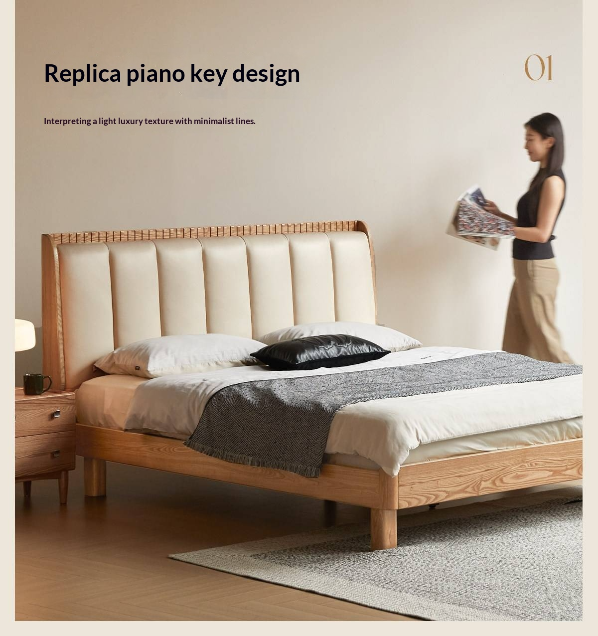 Ash Solid Wood Bed with Genuine Leather Upholstered Headboard