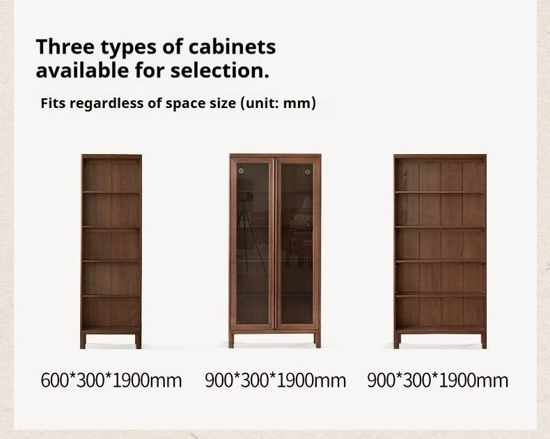 Black Walnut, Oak Solid Wood Nordic Bookcase with Glass Door