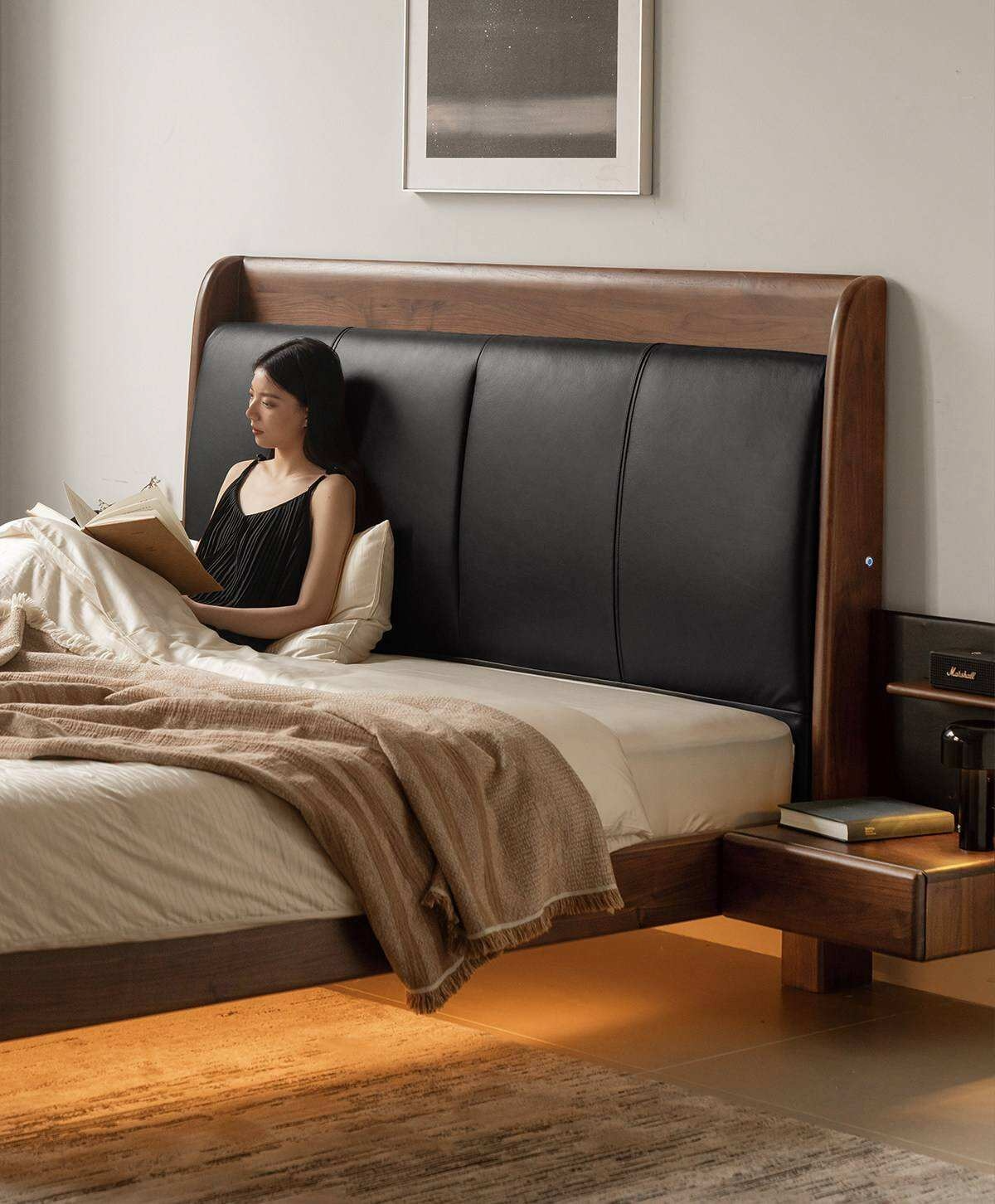 Black Walnut Solid Wood Genuine Leather Curved Leather Bed with Floating Base and LED Lighting