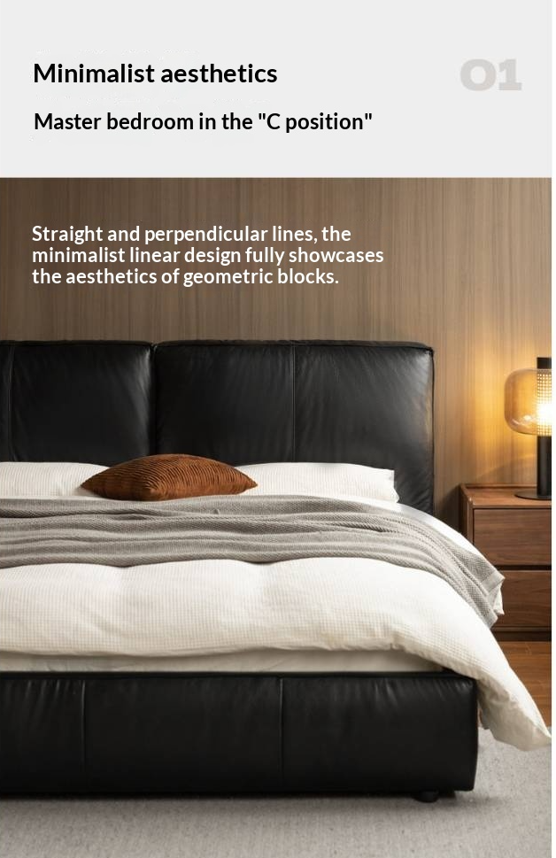 Genuine Leather Upholstered Bed — Black Large Bed, Italian Light Luxury Design