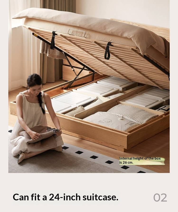 Oak Solid Wood Bed — Modern Minimalist Slab Box Design