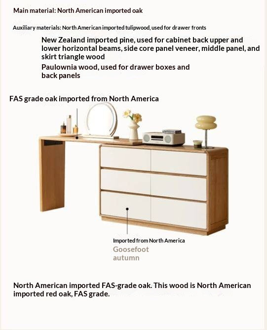 Oak Solid Wood Vanity Table & Storage Cabinet Set Cream Style