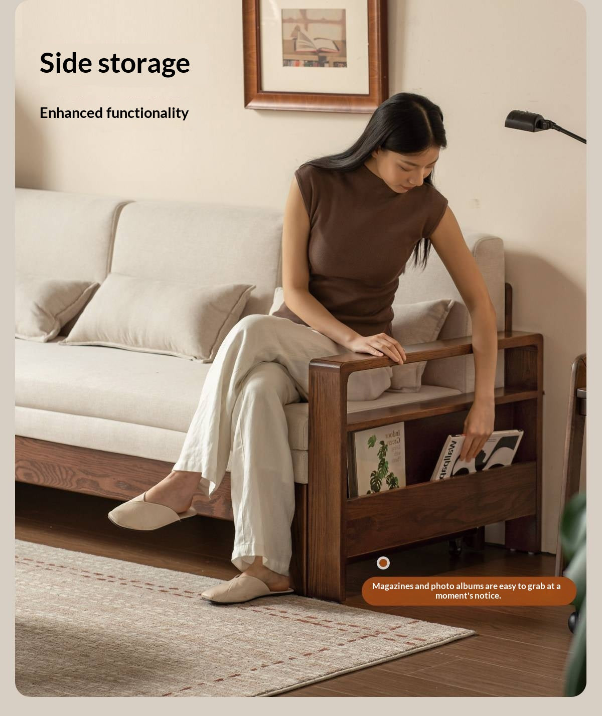 Oak, Beech Sofa Bed with Wood Frame and Side Storage Pocket