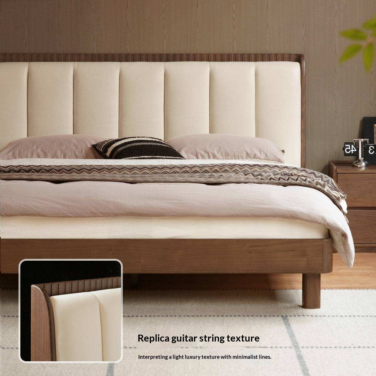 Black Walnut, Golden Sandalwood Solid Wood Genuine Leather Extra Tall Vertical Channel Tufted Platform Bed