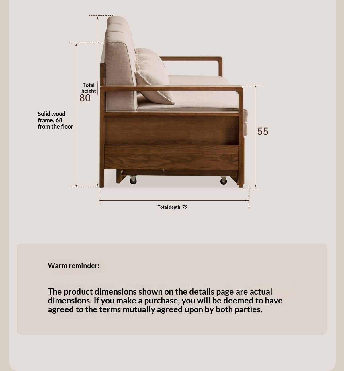 Oak, Beech Sofa Bed with Wood Frame and Side Storage Pocket