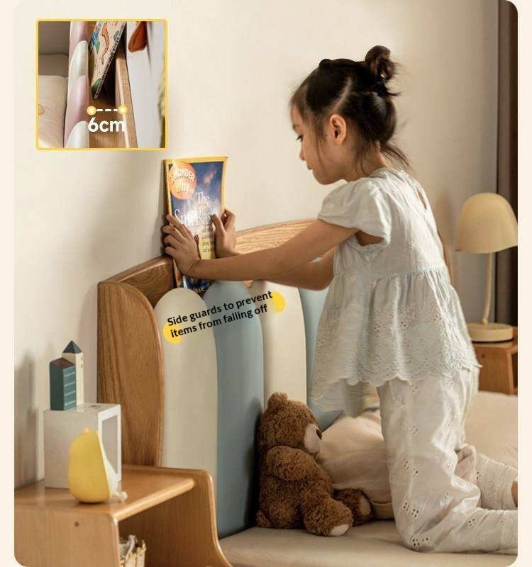 Oak Solid Wood Kids Bed with Adjustable Channel-Tufted Headboard and Gas-Lift Storage