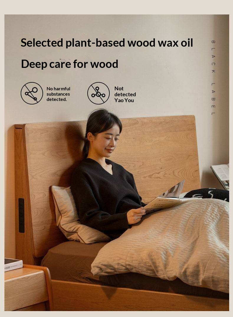 Cherry Solid Wood Bed Modern Minimalist Luminous Bed