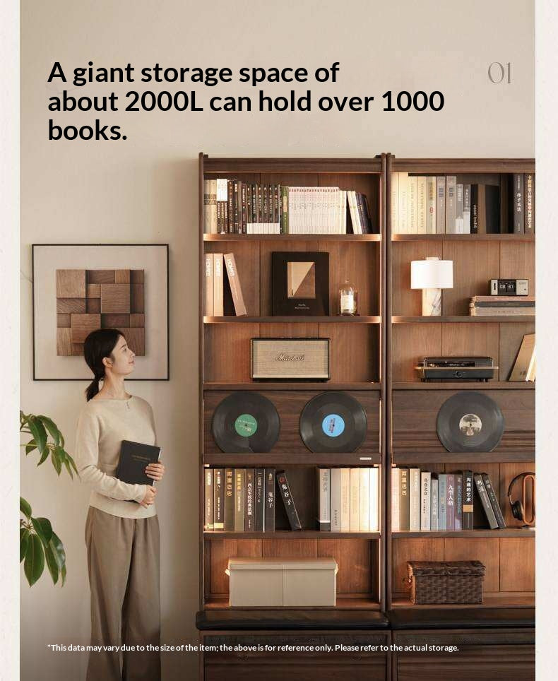 Black Walnut Solid Wood Integrated Wall Bookcase with Floor Display