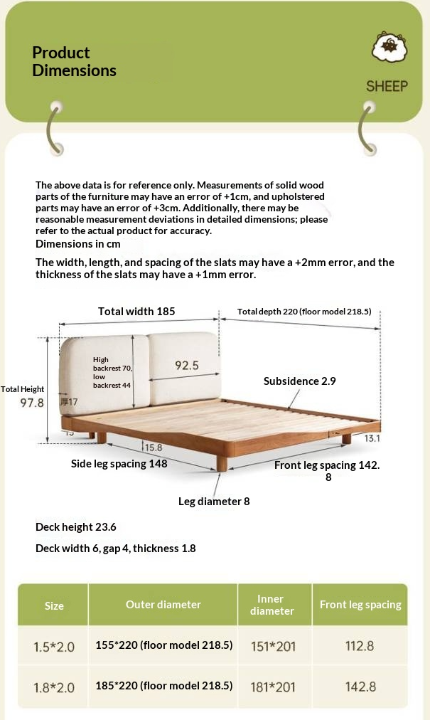 Cherry Solid Wood Upholstered Bed — Platform Bed, Headboard-Free Bed Floor Style, Simple Floating Bed